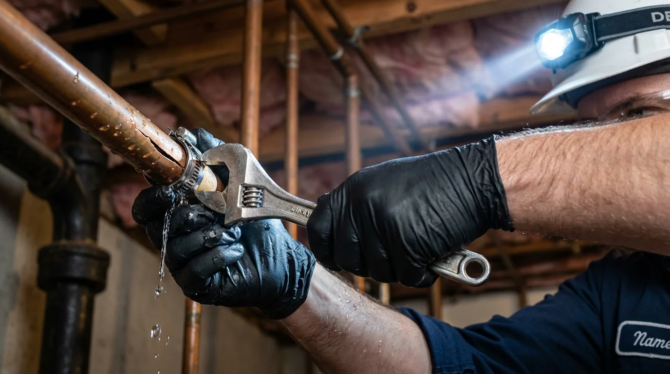 Emergency pipe clamp repair being performed by a Johns Plumbing LLC plumber in Madison Heights