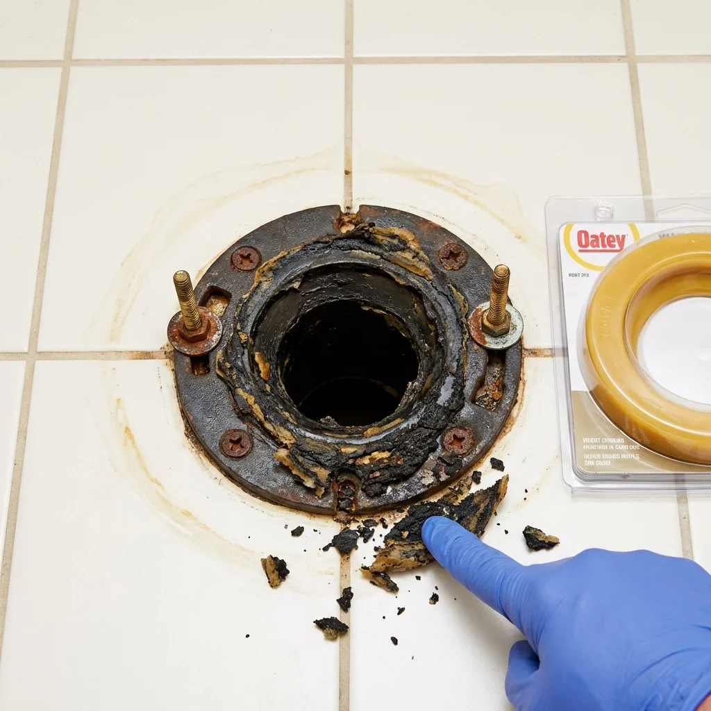 Failed wax ring showing water seepage at the base of a toilet in a Madison Heights, VA home