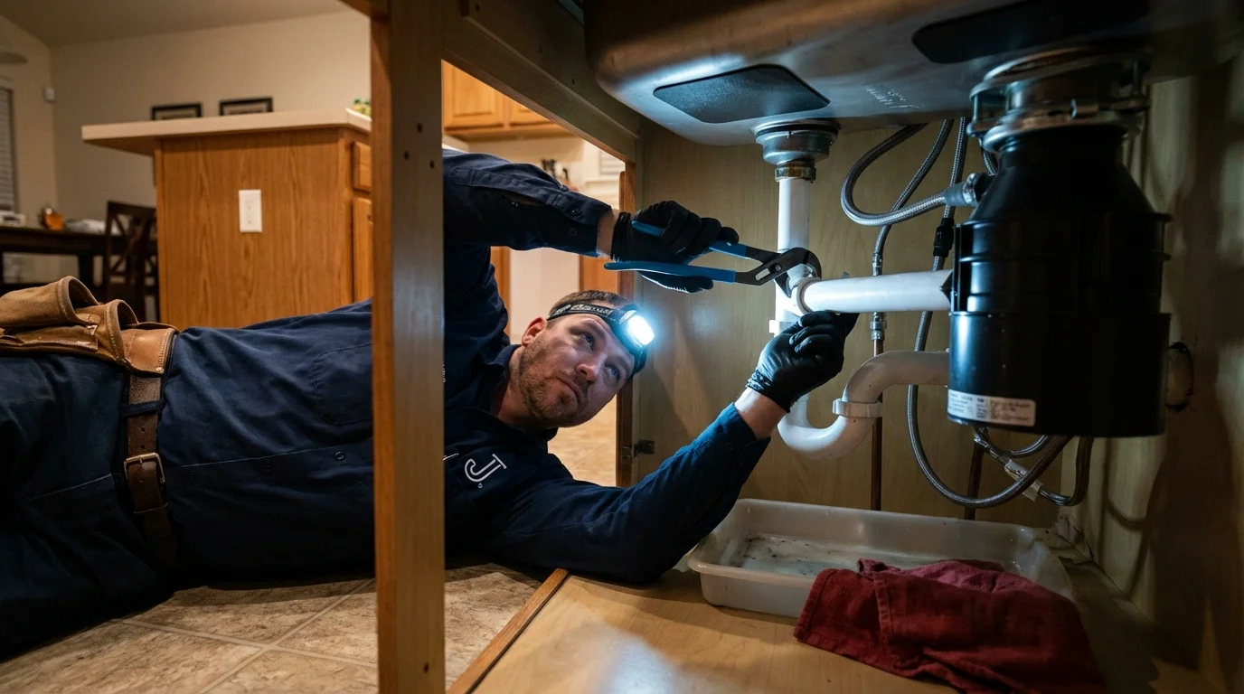 P-trap and supply line connections under a kitchen sink showing a common leak point in Madison Heights, VA